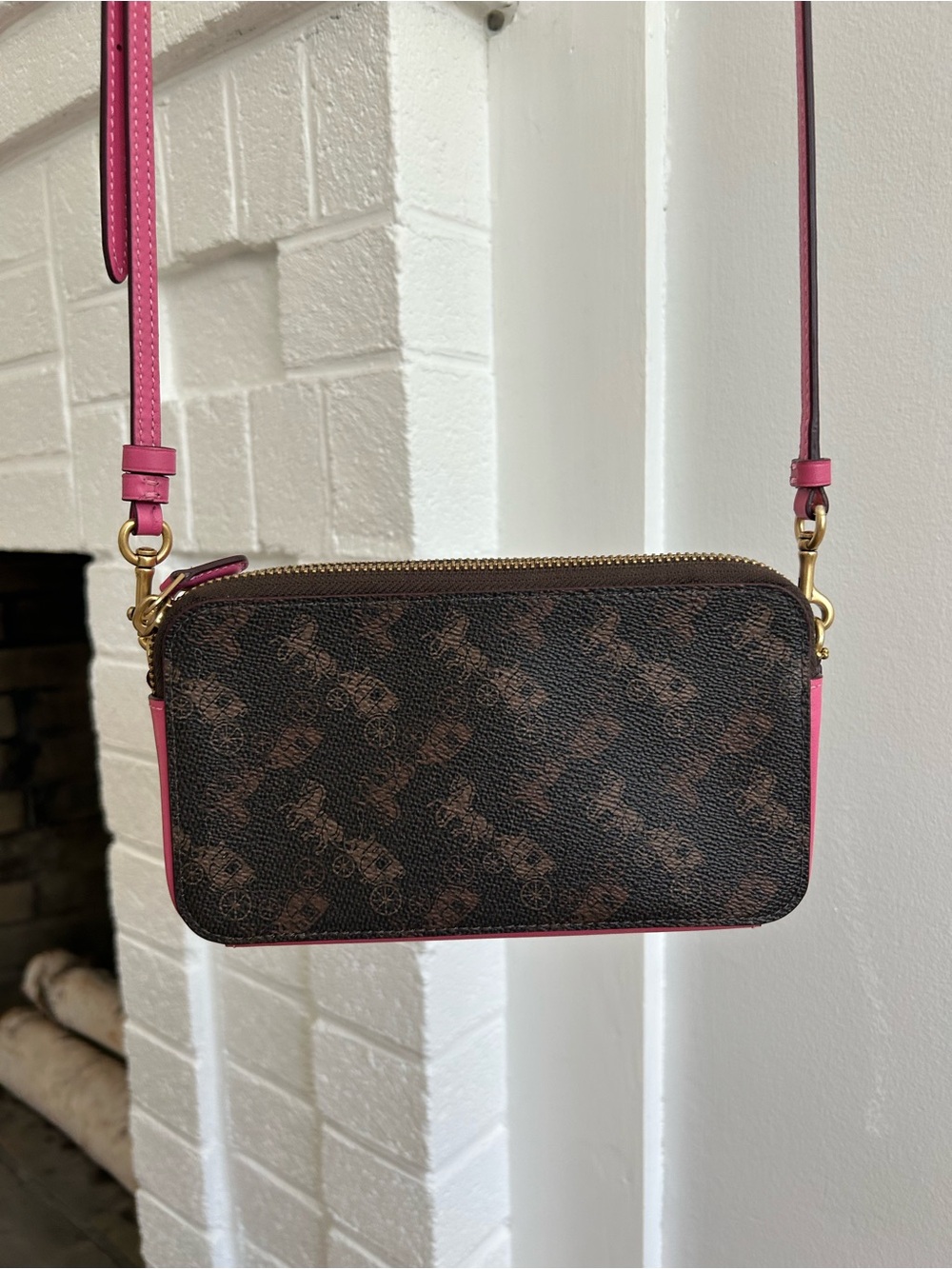 Coach Brown Monogram Crossbody with Pink Trim
